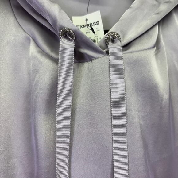 Express Shiny Satin Hoodie Pullover Size XL Silver Metallic Drawstring - Picture 5 of 8